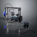 Desktop 3D Printer With Transparent Frame Blue Component Power Adapter And Cables 3d model