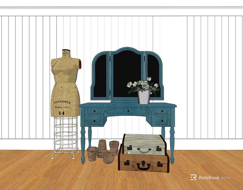 Blue Vanity With Triple Mirror Flower Vase Mannequin And Vintage Suitcase On Wooden Floor 3d model 