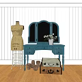 Blue Vanity With Triple Mirror Flower Vase Mannequin And Vintage Suitcase On Wooden Floor