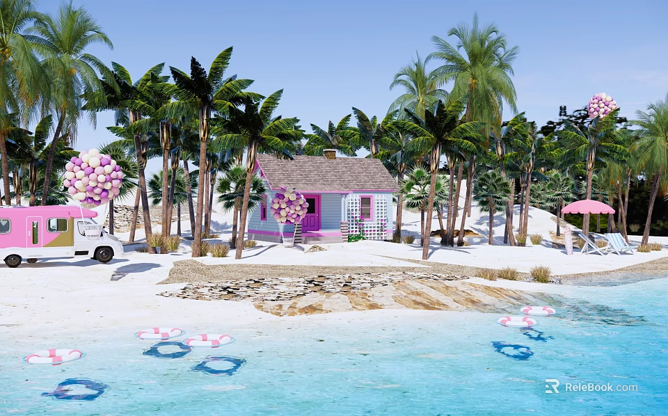 Waterfront Landscape Featuring Palm Trees White Cottage Pink Decorations Sandy Beach And Float Rings 3d model 
