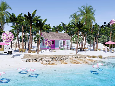 Waterfront Landscape Featuring Palm Trees White Cottage Pink Decorations Sandy Beach And Float Rings 3d model