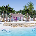 Waterfront Landscape Featuring Palm Trees White Cottage Pink Decorations Sandy Beach And Float Rings