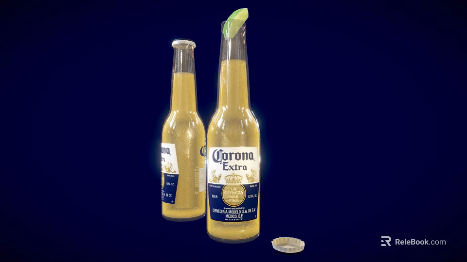 Corona Extra Beer Bottles with Lemon Garnish and Bottle Cap on Dark Background 3d model 