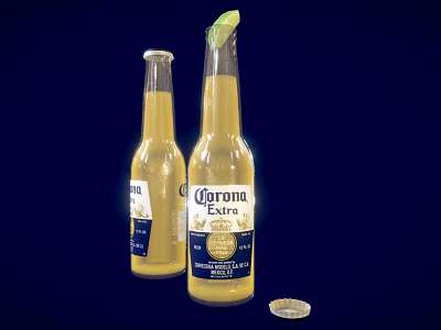 Corona Extra Beer Bottles with Lemon Garnish and Bottle Cap on Dark Background 3d model