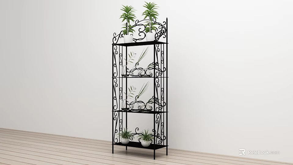 Decorative Black Metal Multi Tiered Plant Stand With Green Potted Plants 3d model 