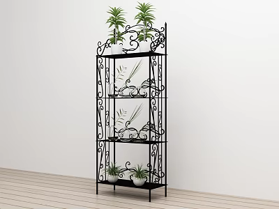 Decorative Black Metal Multi Tiered Plant Stand With Green Potted Plants 3d model