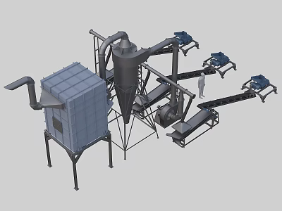 Industrial Processing Equipment System with Cyclone Separator Conveyor Belt Piping and Enclosure Unit 3d model
