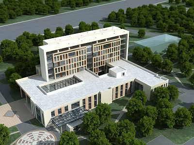 Modern Architectural Building Exterior With Green Trees And Glass Windows 3d model