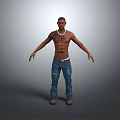 A Shirtless Man With Chest Tattoos And Necklace In Blue Jeans And Brown Shoes