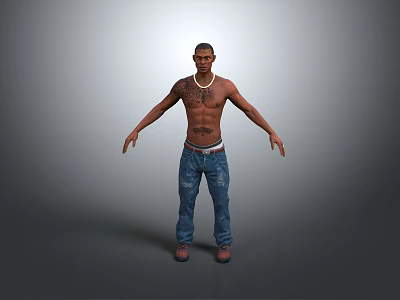 A Shirtless Man With Chest Tattoos And Necklace In Blue Jeans And Brown Shoes 3d model
