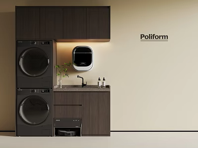 Poliform Laundry Room Design With Dark Cabinets Washing Machine Dryer Sink And Green Plant 3d model