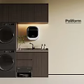 Poliform Laundry Room Design With Dark Cabinets Washing Machine Dryer Sink And Green Plant