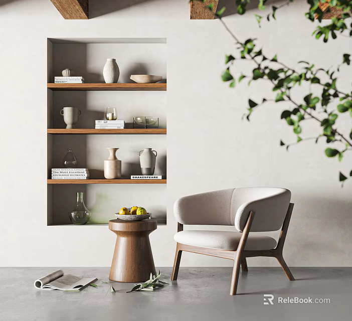 Comfortable Lounge Chair Interior With Wooden Bookshelf Green Plant And Side Coffee Table 3d model 