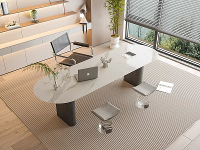 Elegant Modern Desk With White Marble Top Laptop Stools And Green Plant Near Window 3d model