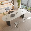 Elegant Modern Desk With White Marble Top Laptop Stools And Green Plant Near Window