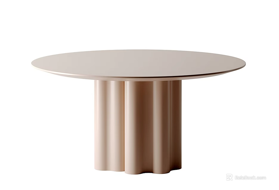 Modern Round Dining Table With Smooth Top And Fluted Beige Column Legs 3d model