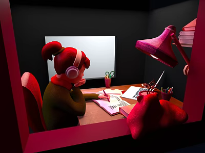 Game Animated Character Red Haired Girl Wearing Headphones At Desk With Lamp Notebook And Stationery 3d model