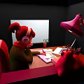 Game Animated Character Red Haired Girl Wearing Headphones At Desk With Lamp Notebook And Stationery