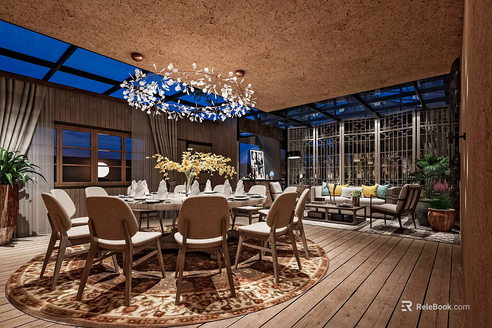 Elegant Private Dining Room Interior With Round Dining Table Chandelier And Wooden Flooring 3d model 