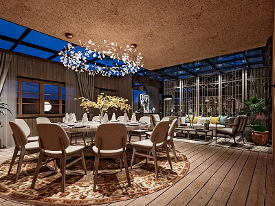 Elegant Private Dining Room Interior With Round Dining Table Chandelier And Wooden Flooring 3d model