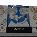 Creative Exhibition Display Featuring Multiple Gears Clocks And Blue Window Design