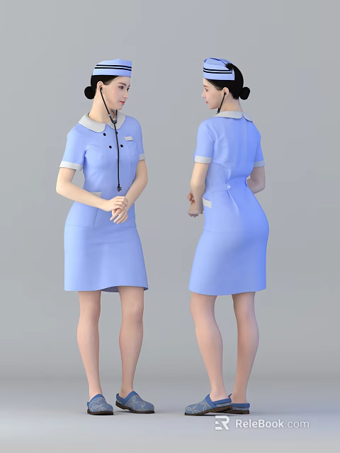 Professional Woman in Blue Uniform Dress with White Collar and Cuffs Front Back Views 3d model 