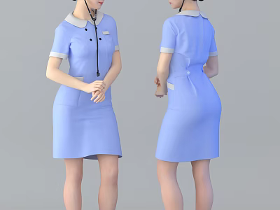 Professional Woman in Blue Uniform Dress with White Collar and Cuffs Front Back Views 3d model