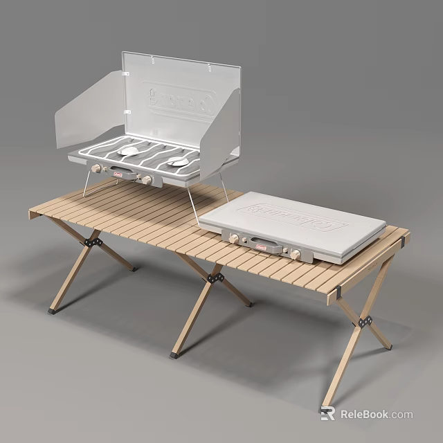 Portable Outdoor White Stoves With Foldable Wooden Table And Compact Design 3d model 