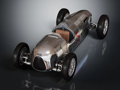 Audi Vintage Race Car With Silver Streamlined Body And Brown Leather Seat 3d model