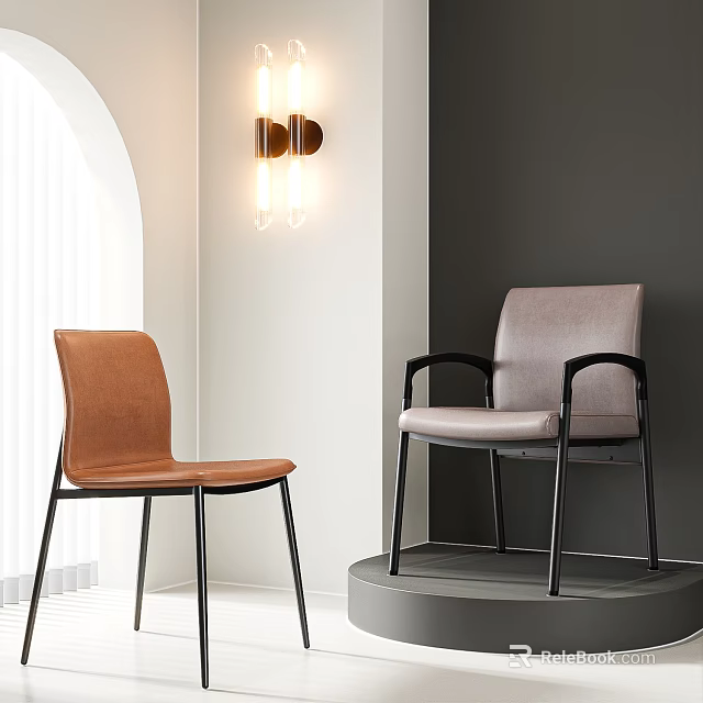 Modern Upholstered Dining Chairs Orange And Light Gray With Black Metal Legs In Modern Interior 3d model 