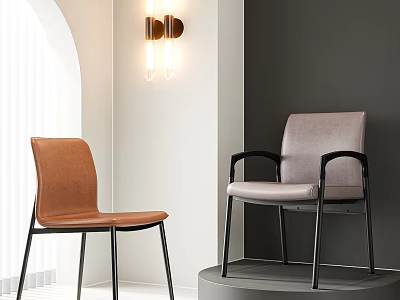 Modern Upholstered Dining Chairs Orange And Light Gray With Black Metal Legs In Modern Interior 3d model