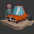 Orange Cartoon Car Refueling At Gas Station With Red Sign Green Text On Rock Platform