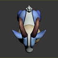 3D Blue Goat Model With Brown Horns Orange Mane White Markings Standing on Dark Background