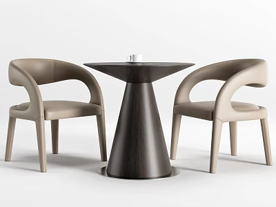 Modern Table And Chair Set With Beige Curved Backrest Dark Brown Round Table Tapered Base 3d model