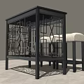 Modern Black Office Desk With Wooden Top Metal Grid Frame And Side Padded Stool