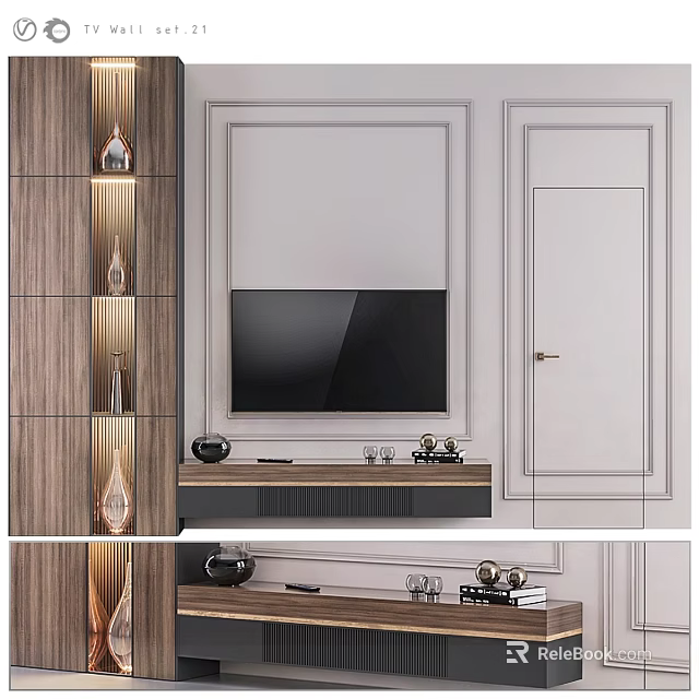 Modern Minimalist TV Wall Design With Wooden Panels TV Stand And Decorations 3d model 