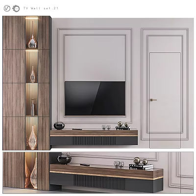 Modern Minimalist TV Wall Design With Wooden Panels TV Stand And Decorations 3d model