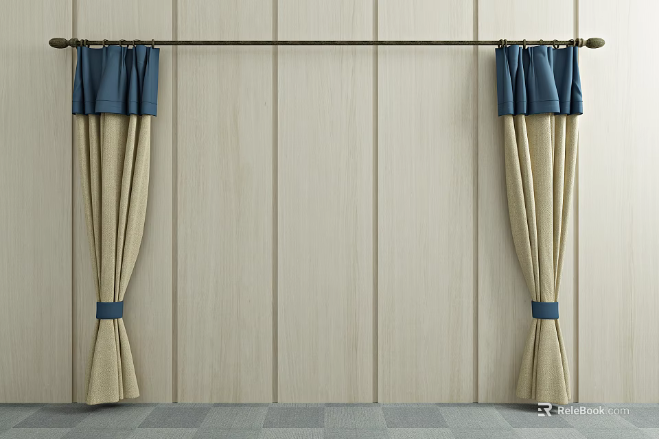 Beige Curtains Featuring Navy Blue Top Brass Rod Ties Against Wooden Wall Gray Floor Tiles 3d model 