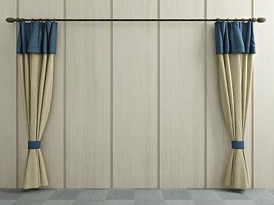 Beige Curtains Featuring Navy Blue Top Brass Rod Ties Against Wooden Wall Gray Floor Tiles 3d model