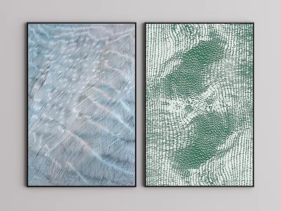 Two Abstract Paintings with Blue White Wave and Green Grid Patterns for Home Decor 3d model