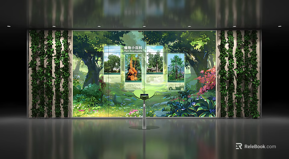 Forest Themed Background Wall With Lush Trees Green Plant Decorations And Display Frames 3d model