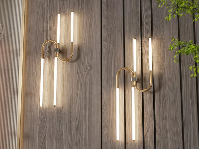Modern Two-Light Luxury Wall Sconces with Golden Brackets and Long Tube Lights on Wooden Wall 3d model