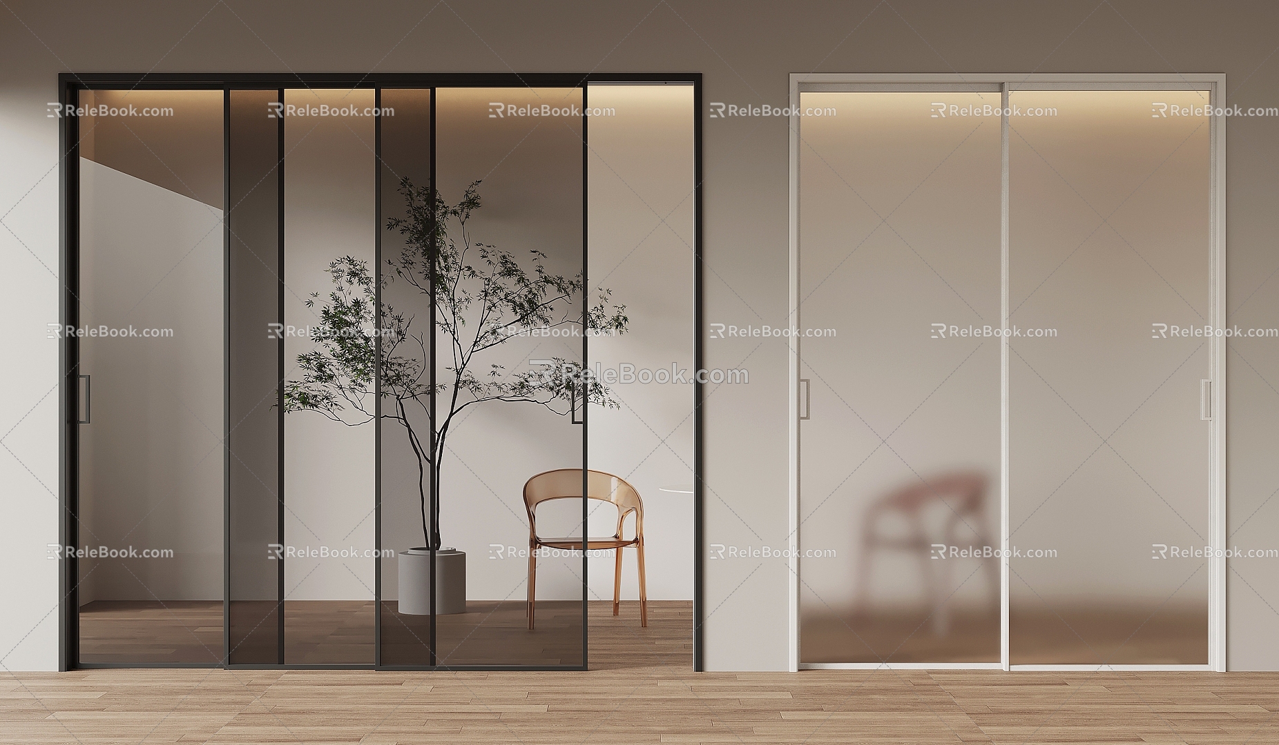 Modern metal frame glass sliding door triple linkage sliding door oil sand glass 3d model