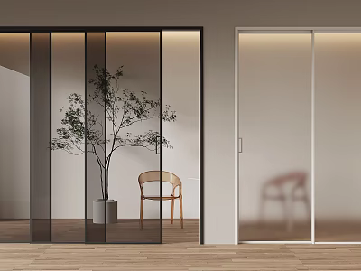 Black Framed Glass Sliding Doors In Modern Interior With Wooden Floor Plant And Chair 3d model