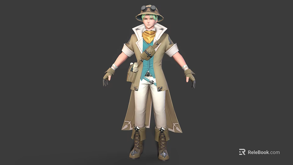 Adventurous 3D Explorer Character With Green Goggles Blue Vest And Small Companion Creature 3d model 