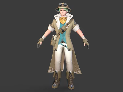 Adventurous 3D Explorer Character With Green Goggles Blue Vest And Small Companion Creature 3d model