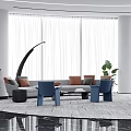 Modern Lounge Area With Sofas Blue Chairs Plants Large Windows And White Curtains 3d model