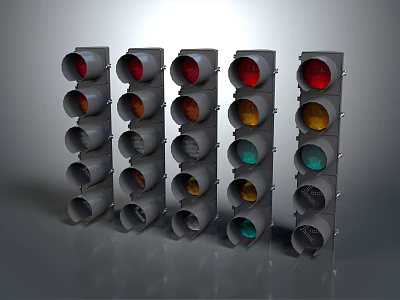 Five Traffic Lights with Red Yellow Green Colored Signal Lamps 3d model