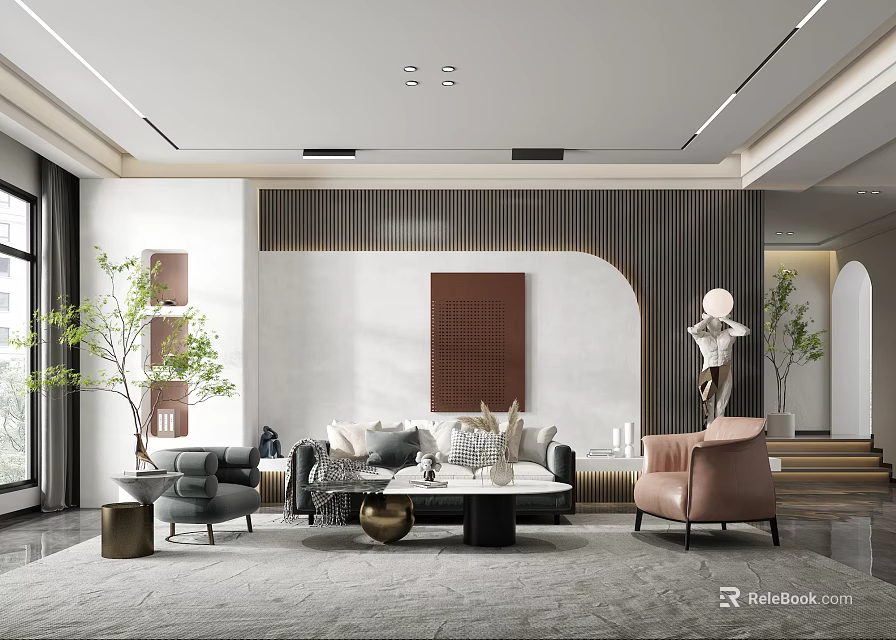 Elegant Modern Living Room Interior With Sofa Armchair Decorative Painting Green Plants And Rug 3d model 