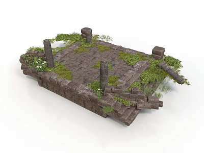 Modern Scenic Stone Platform With Pillars Moss Steps And Greenery 3d model